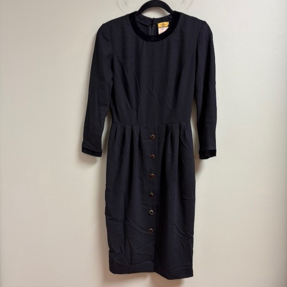 Vintage Fendi 365 Black Wool Dress Velvet Collar Button Front IT 42 Italy